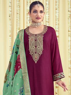 magenta raw silk embroidered dress material 4