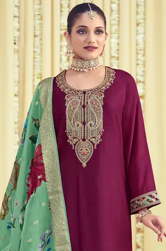 magenta raw silk embroidered dress material