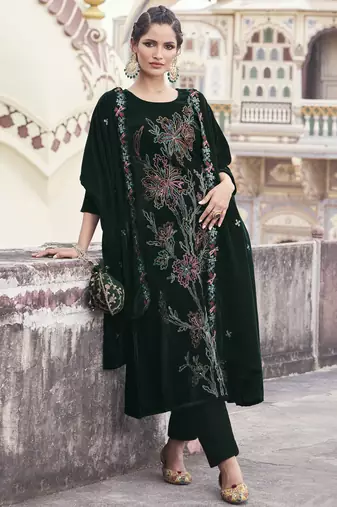 green velvet embroidered dress material