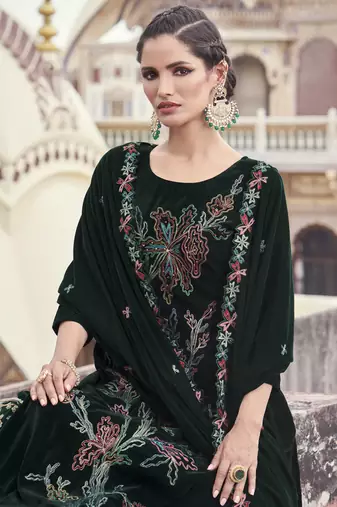 green velvet embroidered dress material