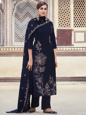 navy blue velvet embroidered dress material 2