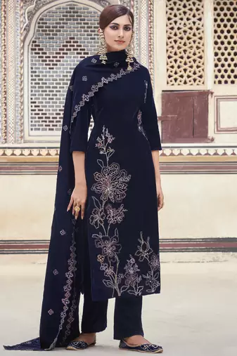 navy blue velvet embroidered dress material