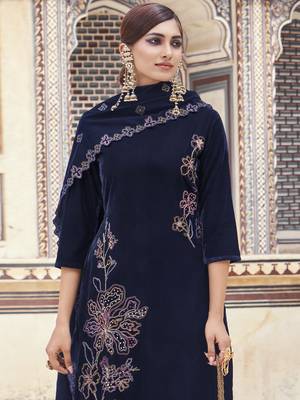 navy blue velvet embroidered dress material 3