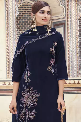 navy blue velvet embroidered dress material