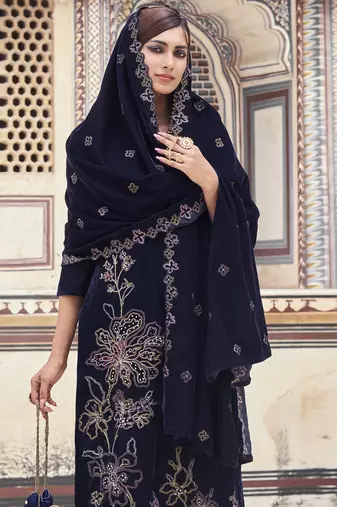 navy blue velvet embroidered dress material