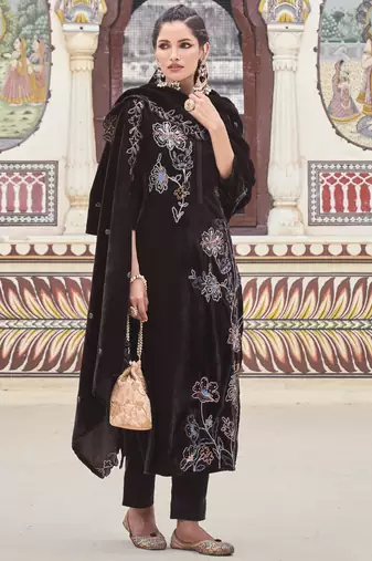 brown velvet embroidered dress material