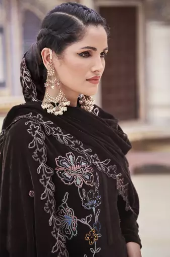 brown velvet embroidered dress material