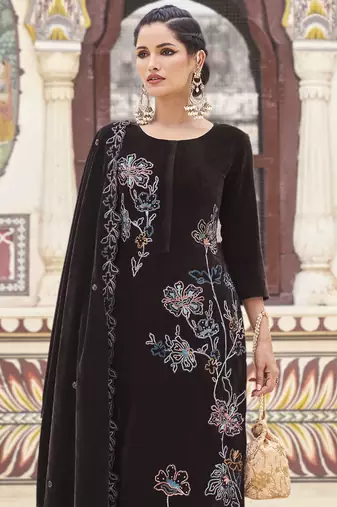 brown velvet embroidered dress material