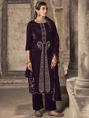 wine velvet embroidered dress material 2