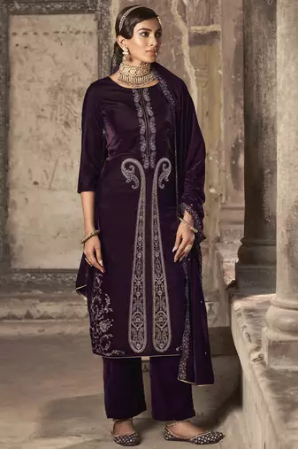 wine velvet embroidered dress material