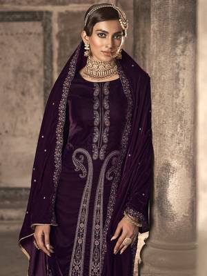 wine velvet embroidered dress material 3