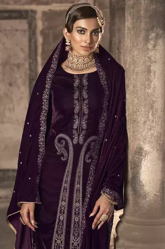 wine velvet embroidered dress material