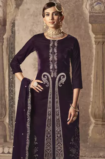 wine velvet embroidered dress material