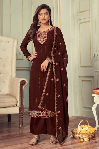Maroon embroidered georgette salwar suit unstitched