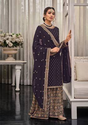 Dark mauve embroidered georgette salwar suit unstitched 1