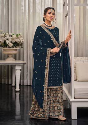 Dark teal embroidered georgette salwar suit unstitched 1
