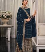 Dark teal embroidered georgette salwar suit unstitched