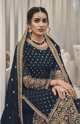 Dark teal embroidered georgette salwar suit unstitched 2