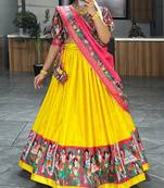Yellow Kathak Dola Silk printed Lehenga With Unstitched Blouse