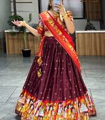 Brown Kathak Dola Silk printed Lehenga With Unstitched Blouse