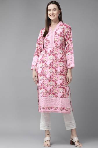 Yufta pink pure cotton kurta set with embroidery kurta trouser set