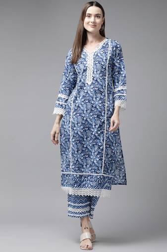 Yufta blue pure cotton kurta set with embroidery kurta trouser set