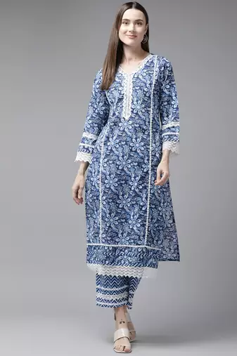Yufta blue pure cotton kurta set with embroidery kurta trouser set