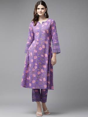  purple pure cotton kurta set with embroidery kurta trouser set 1