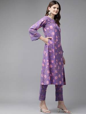  purple pure cotton kurta set with embroidery kurta trouser set 2