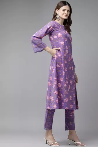  purple pure cotton kurta set with embroidery kurta trouser set