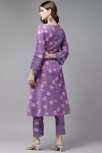  purple pure cotton kurta set with embroidery kurta trouser set