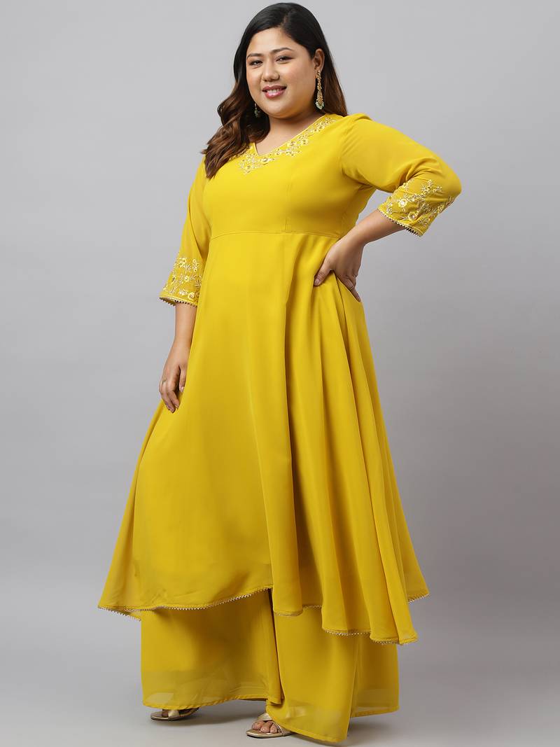 Xl love by janasya women's yellow georgette embellished kurta with