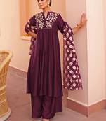 Janasya women's purple chanderi embellished kurta with palazzo and dupatta