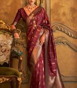 Women'S Maroon Banarasi Style Satin Silk Woven Designer Saree With Blouse For Women