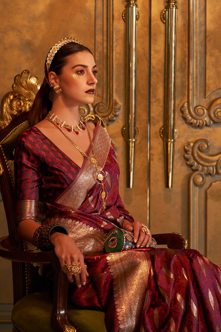 Women'S Maroon Banarasi Style Satin Silk Woven Designer Saree With Blouse For Women