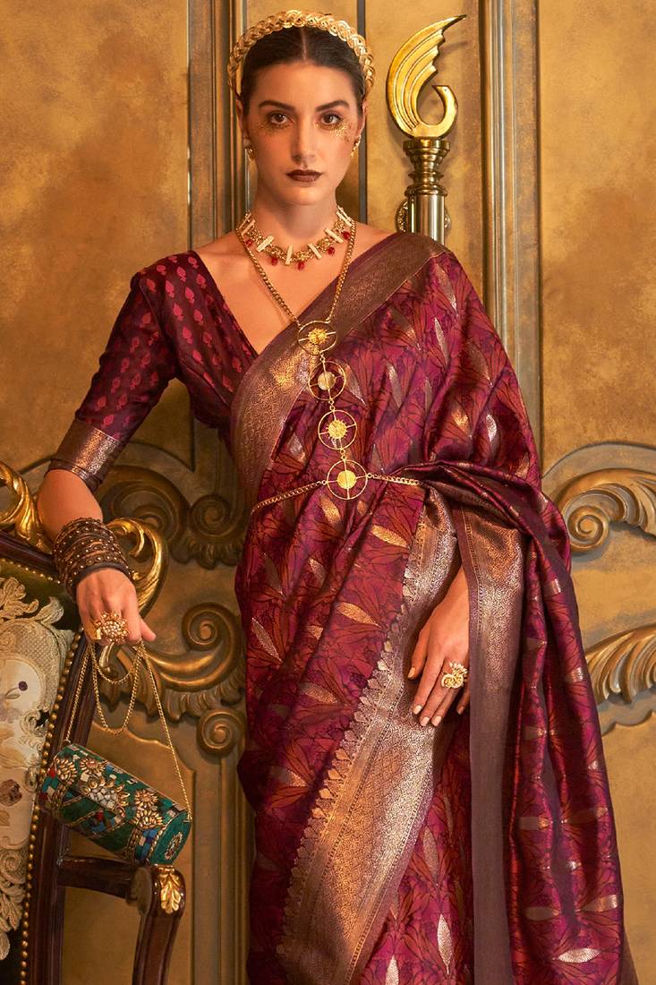 Women'S Maroon Banarasi Style Satin Silk Woven Designer Saree With Blouse For Women
