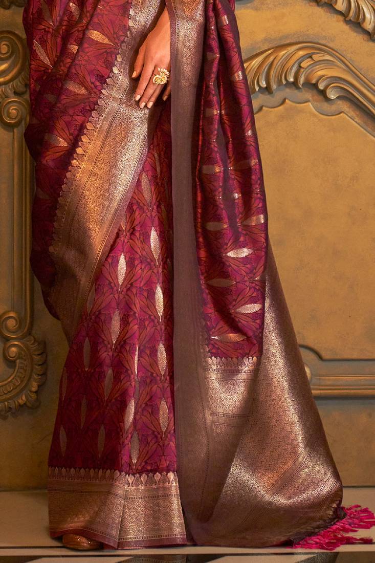 Women'S Maroon Banarasi Style Satin Silk Woven Designer Saree With Blouse For Women