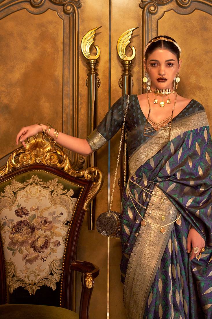 Women'S Green Banarasi Style Satin Silk Woven Designer Saree With Blouse For Women