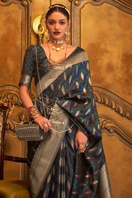 Women'S Green Banarasi Style Satin Silk Woven Designer Saree With Blouse For Women 3