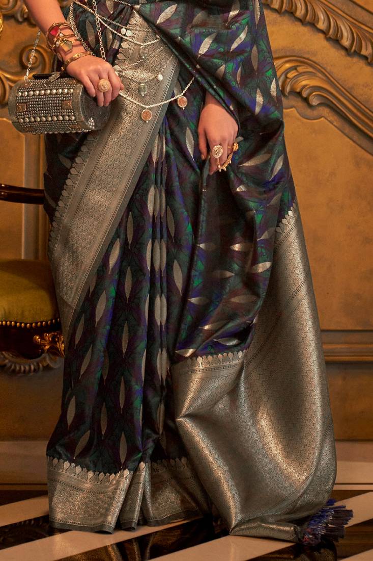 Women'S Green Banarasi Style Satin Silk Woven Designer Saree With Blouse For Women