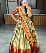 Cream Contrast  Weaving Border  Mercerised cotton  Narayanpeth lehengas With Unstitched Blouse