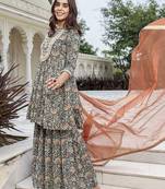 Janasya women's teal blue cotton embellished short kurta with sharara and dupatta