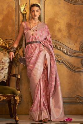 Women'S Pink Banarasi Style Satin Silk Woven Designer Saree With Blouse For Women 1