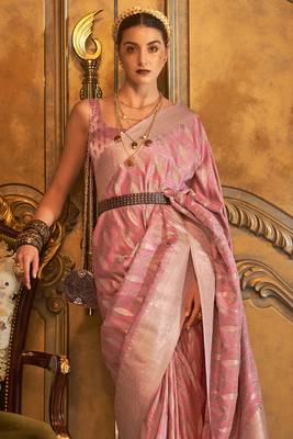 Women'S Pink Banarasi Style Satin Silk Woven Designer Saree With Blouse For Women 3