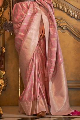 Women'S Pink Banarasi Style Satin Silk Woven Designer Saree With Blouse For Women 4
