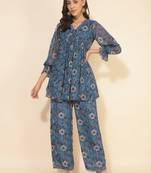 Janasya women's blue chiffon lurex floral printed co-ord set