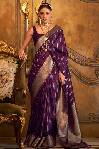 Women'S Purple Banarasi Style Satin Silk Woven Designer Saree With Blouse For Women