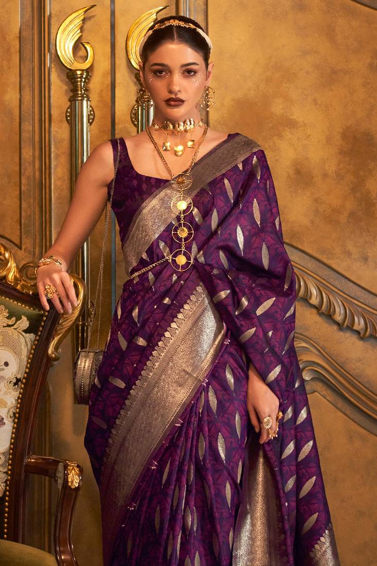 Women'S Purple Banarasi Style Satin Silk Woven Designer Saree With Blouse For Women