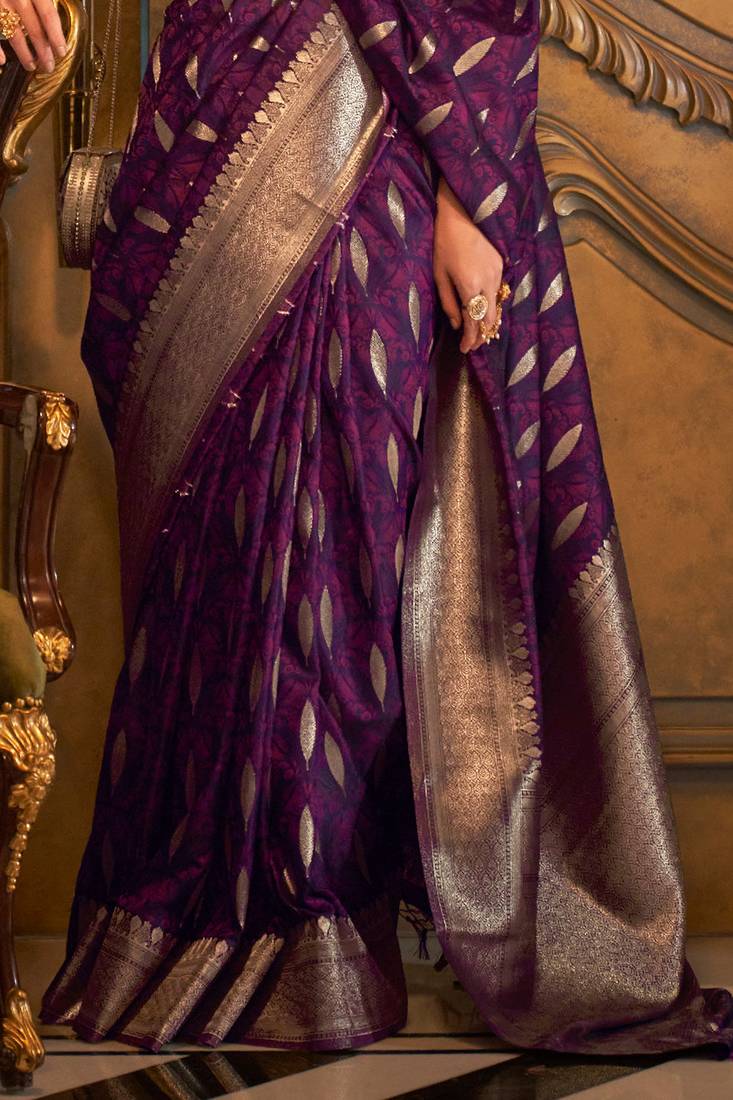 Women'S Purple Banarasi Style Satin Silk Woven Designer Saree With Blouse For Women