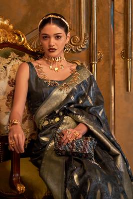 Women'S Black Banarasi Style Satin Silk Woven Designer Saree With Blouse For Women 2